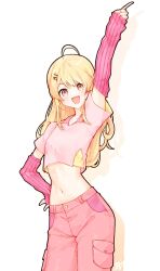 Rule 34 | 1girl, ahoge, blonde hair, blush, cropped shirt, detached sleeves, fortissimo, hair ornament, highres, hololive, hololive dev is, long hair, ma draws, midriff, musical note, musical note hair ornament, open mouth, otonose kanade, pants, pink pants, pink shirt, pink sleeves, red eyes, shirt, smile, virtual youtuber
