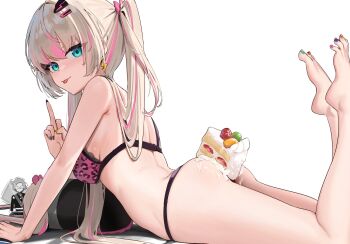 1girl ass between_buttocks blue_eyes blue_nails blush bra breasts brown_hair closed_mouth commentary english_commentary feet_up fingernails food_on_ass from_side hand_up highres lace lace-trimmed_bra lace_trim long_hair lying medium_breasts middle_finger multicolored_hair multicolored_nails on_stomach phase_connect pink_bra pink_streaks red_nails rinkou_ashelia simple_background skai_kun solo streaked_hair toenails underwear very_long_hair virtual_youtuber white_background yellow_nails