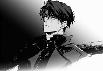 1boy black_coat black_hair black_shirt coat commentary_request curtained_hair greyscale high_collar hinizana korean_commentary looking_to_the_side male_focus monochrome omniscient_reader&#039;s_viewpoint open_clothes open_coat parted_lips partially_shaded_face popped_collar scar scar_across_eye scar_on_face secretive_plotter shirt short_hair solo upper_body yoo_joonghyuk