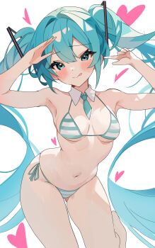 1girl :q absurdres alternate_costume aqua_ascot aqua_eyes aqua_hair aqua_necktie ascot bikini coco_irasuto detached_collar hatsune_miku heart heart_background highres looking_at_viewer miku_collar_bikini necktie standing standing_on_one_leg striped_bikini striped_clothes swimsuit tongue tongue_out twintails vocaloid white_background