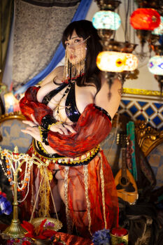 1girl asian belly belly_dancer black_hair breasts chouzuki_maryou cleavage highres large_breasts lipstick makeup photo_(medium) plump solo thick_thighs thighs underboob