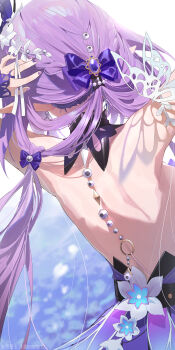 1girl absurdres back back_focus berserker_r bow braid bridal_gauntlets castorice_(gossamer_flutter)_(honkai:_star_rail) castorice_(honkai:_star_rail) commentary_request from_behind hair_bow highres honkai:_star_rail honkai_(series) long_hair partial_commentary pointy_ears purple_hair purple_nails solo