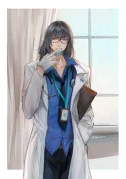1boy black_pants blue_necktie blue_shirt border clipboard collared_shirt commentary doctor english_commentary fate/grand_order fate_(series) glasses gloves grey_hair hand_in_pocket highres indoors lab_coat looking_at_viewer male_focus name_tag necktie oberon_(fate) oberon_(third_ascension)_(fate) pants renrenka_noi shirt short_hair solo stethoscope upper_body white_border white_gloves window