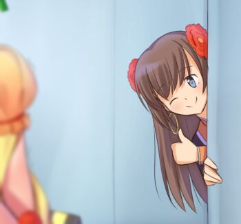 2girls alternate_costume blurry blurry_foreground brown_hair cosplay croodle earrings fate/grand_order fate_(series) flower grey_eyes jewelry mata_hari_(fate) mata_hari_(fate)_(cosplay) multiple_girls one_eye_closed peeking_out qin_liangyu_(fate) thumbs_up valentine