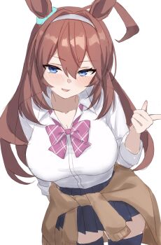 1girl absurdres ahoge alternate_costume animal_ears astroglia_cyte black_skirt black_thighhighs blue_eyes blush bow bowtie breasts brown_cardigan brown_hair cardigan cardigan_around_waist clothes_around_waist commentary_request diagonal-striped_bow diagonal-striped_bowtie diagonal-striped_clothes grey_bow grey_bowtie gyaru hand_up highres horse_ears horse_girl horse_tail large_breasts looking_at_viewer mihono_bourbon_(umamusume) open_mouth plaid_clothes pleated_skirt school_uniform shirt simple_background skirt smile solo striped_bow striped_bowtie striped_clothes tail thighhighs umamusume white_background white_shirt zettai_ryouiki