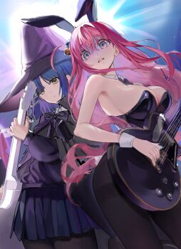 2girls absurdres animal_ears black_bow black_bowtie black_cape black_hat black_leotard black_pantyhose blue_eyes blue_hair blue_skirt bocchi_the_rock! bow bowtie breasts cape collar collared_shirt commentary commentary_request concert crossed_bangs cube_hair_ornament detached_collar diffraction_spikes electric_guitar embarrassed english_commentary fake_animal_ears floating_hair gibson_les_paul gotoh_hitori guitar hair_between_eyes hair_ornament hat highres holding holding_guitar holding_instrument instrument large_breasts leotard long_hair long_sidelocks long_sleeves looking_at_viewer medium_hair miniskirt mixed-language_commentary multiple_girls music nizway pantyhose parted_lips pink_hair playboy_bunny playing_guitar playing_instrument pleated_skirt purple_bow purple_bowtie purple_sweater rabbit_ears shirt sidelocks skirt stage standing sweater turn_pale unfinished very_long_hair white_collar white_shirt witch_hat yamada_ryo yellow_eyes