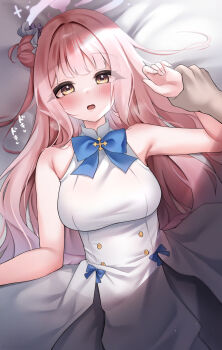1boy 1girl aamesawaa angel armpits bare_shoulders blue_archive blue_bow blush bow bowtie breasts buttons commentary_request double-breasted dress embarrassed flower hair_bun hair_flower hair_ornament halo highres holding_another's_wrist large_breasts long_hair looking_at_viewer lying mika_(blue_archive) nose_blush on_back open_mouth pink_hair pink_halo pushing_down single_hair_bun single_side_bun sleeveless sleeveless_dress white_dress yellow_eyes