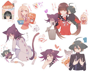 &gt;_&lt; ... 2boys 2girls ? aegyo_sal aged_down ahoge akamatsu_kaede animal animal_ears antenna_hair aqua_hair arm_belt arrow_(symbol) baby backpack bag belt belt_buckle black_jacket black_sailor_collar black_scarf blonde_hair blunt_bangs bow bowl bowtie breasts brooch brown_hair buckle carrying carrying_baby carrying_person cat_boy cat_ears cat_tail checkered_clothes checkered_scarf closed_mouth clown_mask collared_jacket collared_shirt commentary_request cross-laced_jacket danganronpa_(series) danganronpa_v3:_killing_harmony denim disgust dog dog_boy dog_ears dog_tail doghouse doodle_inset downturned_eyes expressive_hair eyelashes floppy_ears flower flower_brooch fortissimo furrowed_brow hair_between_eyes hair_ornament hair_scrunchie hairclip hand_on_another&#039;s_chin harukawa_maki heart heart_antenna_hair high_collar holding holding_bag holding_bowl hug hug_from_behind infinity_symbol jacket jeans jewelry kemonomimi_mode large_breasts layered_sleeves lid light_frown long_eyelashes long_hair long_hair_between_eyes long_sleeves looking_at_another looking_at_hands looking_back looking_to_the_side low_twintails mask motion_lines multiple_boys multiple_girls multiple_views musical_note musical_note_hair_ornament necktie nervous_sweating oma_kokichi open_belt open_mouth pants pet_food petting pink_vest pinstripe_jacket pinstripe_pattern purple_eyes purple_hair purple_necktie red_eyes red_scrunchie red_shirt saihara_shuichi sailor_collar sakura_(fein5862817) scared scarf school_uniform scrunchie serafuku shiba_inu shirt sidelocks simple_background sleeve_cuffs smile speech_bubble spoken_ellipsis spoken_question_mark sweat tail thigh_belt thigh_strap torn_clothes torn_jeans torn_pants translation_request trash_can turn_pale twintails two-tone_scarf unworn_mask v-neck very_long_hair vest white_background white_bag white_belt white_bow white_bowtie white_flower white_jacket white_mask white_pants white_scarf white_shirt wide-eyed yellow_eyes