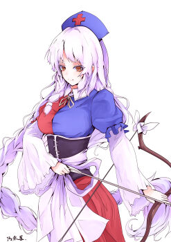 1girl absurdres arrow_(projectile) blue_hat blush bow_(weapon) breasts commentary corset cross cross_print frilled_sleeves frills hat highres holding holding_arrow holding_bow_(weapon) holding_weapon large_breasts long_braid long_hair looking_at_viewer neck_ribbon nurse_cap orange_eyes ribbon signature simple_background smile solo split-color_clothes touhou very_long_hair weapon white_background white_hair yagokoro_eirin yagoro_kusuriya