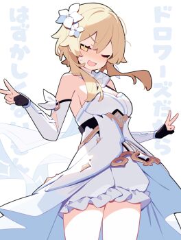 1girl absurdres bare_shoulders blonde_hair bloomers blush breasts commentary_request cowboy_shot detached_sleeves dress flower genshin_impact hair_flower hair_ornament highres looking_at_viewer lumine_(genshin_impact) medium_breasts one_eye_closed open_mouth overskirt pekeko_(pepekekeko) short_hair_with_long_locks sidelocks solo they&#039;re_not_panties underwear white_bloomers white_dress yellow_eyes