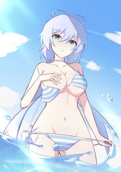 1girl absurdres bikini blue_bikini breasts cleavage clothes_pull cloud cloudy_sky commentary green_eyes grey_hair hair_between_eyes highres large_breasts long_hair looking_at_viewer low_twintails luo_tianyi multicolored_bikini ocean pulling_own_clothes sky striped_bikini striped_clothes swimsuit twintails underboob vocaloid when. white_bikini