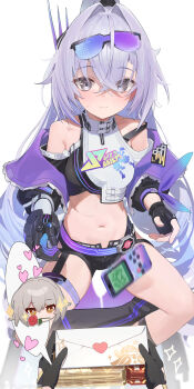 1girl absurdres bare_shoulders berserker_r black_gloves black_shorts chinese_commentary commentary_request eyewear_on_head fingerless_gloves gloves gradient-tinted_eyewear grey_eyes grey_hair hair_between_eyes handheld_game_console highres holding holding_letter honkai:_star_rail honkai_(series) letter long_hair looking_at_viewer love_letter navel purple-tinted_eyewear shorts silver_wolf_(honkai:_star_rail) silver_wolf_(lv.999)_(honkai:_star_rail) simple_background single_fingerless_glove single_mechanical_glove sitting tinted_eyewear white_background