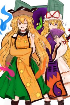 Rule 34 | 2girls, 83mkneinlsqmebq, absurdres, black hat, blonde hair, blush, boots, brown boots, commentary, covered mouth, detached sleeves, door, dress, frilled dress, frills, gap (touhou), green skirt, hair between eyes, hand fan, hat, hat ribbon, highres, holding, holding fan, index finger raised, long hair, long sleeves, matara okina, multiple girls, one eye closed, open mouth, orange eyes, orange hair, orange sleeves, orange tabard, purple eyes, purple tabard, red ribbon, ribbon, shirt, skirt, standing, tabard, teeth, touhou, upper teeth only, very long hair, white dress, white hat, wide sleeves, yakumo yukari, yellow shirt, yin yang, yin yang print