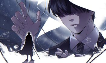 2boys black_coat black_hair black_vest broken_glass chain chained cloak coat collared_shirt expressionless full_body giant ginsan glass glowing hand_up highres holding holding_sword holding_weapon hood hood_up hooded_cloak kim_dokja looking_at_another mini_person miniboy multiple_boys oldest_dream omniscient_reader's_viewpoint partially_shaded_face puppet_strings roman_numeral shirt short_hair size_difference standing starry_sky_print sword vest weapon white_shirt yoo_joonghyuk