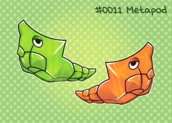 Rule 34 | alternate color, character name, gen 1 pokemon, green background, metapod, nintendo, no humans, numbered, pokemon, pokemon (creature), polka dot, polka dot background, shiny and normal, shiny pokemon, twilidramonart