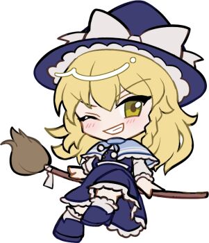 1girl blonde_hair blue_capelet blue_hat blue_shoes blue_skirt blue_vest blush bow braid broom broom_riding capelet chibi chibi_only double-parted_bangs frilled_capelet frilled_skirt frills full_body grin hair_between_eyes hat hat_bow kirisame_marisa long_hair long_sleeves looking_at_viewer mirei_(miirei) one_eye_closed shirt shoes simple_background single_braid sitting skirt skirt_set smile socks solo touhou transparent_background v-shaped_eyebrows vest white_bow white_shirt white_socks witch_hat