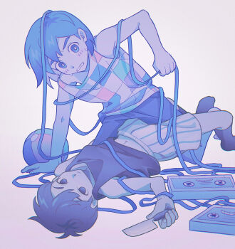 2boys antenna_hair ball bare_arms bare_shoulders black_eyes black_hair black_socks blush boy_on_top bright_pupils bskrf_vc chinese_commentary chromatic_aberration clenched_teeth closed_mouth colored_skin commentary_request double-parted_bangs empty_eyes entangled frown hair_behind_ear hair_between_eyes highres holding holding_knife kel_(headspace)_(omori) kel_(omori) kneeling knife looking_at_viewer lying male_focus mixtape_(omori) multiple_boys navel no_pupils omori omori_(omori) on_back parted_lips purple_eyes purple_hair short_hair shorts simple_background socks sweat tank_top tareme teeth white_pupils white_skin