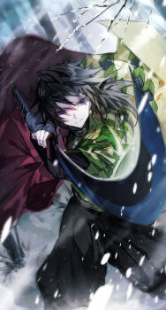 1boy belt black_hair black_jacket black_pants blue_eyes buttons closed_mouth commentary_request demon_slayer_uniform empty_eyes gold_buttons hair_between_eyes haori high_collar holding holding_sword holding_weapon jacket japanese_clothes katana kikkoumon kimetsu_no_yaiba long_hair looking_at_viewer low_ponytail male_focus mura_karuki pants ponytail print_haori red_haori snow solo spiked_hair sword tomioka_giyuu v-shaped_eyebrows weapon white_belt