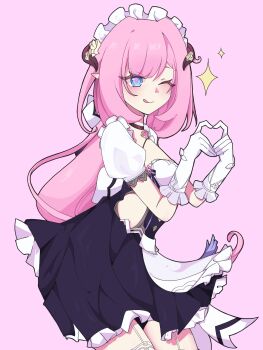 1girl ;q apron black_dress black_horns breasts chinese_commentary commentary_request diamond-shaped_pupils diamond_(shape) dress dtvtb elf elysia_(honkai_impact) elysia_(miss_pink)_(honkai_impact) elysia_(miss_pink_elf)_(honkai_impact) fake_horns four-finger_heart_hands gloves heart heart_hands highres honkai_(series) honkai_impact_3rd horns licking_lips long_hair looking_at_viewer maid maid_apron medium_breasts official_alternate_costume one_eye_closed pink_background pink_hair pointy_ears simple_background solo symbol-shaped_pupils thighs tongue tongue_out very_long_hair white_apron white_gloves