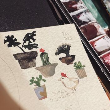art_supplies bird bonsai cactus chicken flower_pot highres karintoun leaf monstera_deliciosa no_humans original paint_palette painting_(medium) photo_(medium) plant potted_plant still_life succulent_plant traditional_media watercolor_(medium)