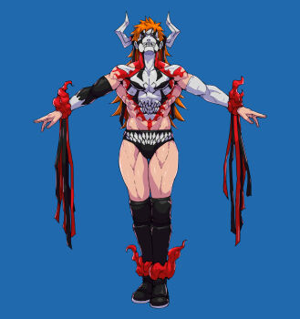 1boy abs absurdres adapted_costume alternate_costume asymmetrical_gloves bleach bodypaint brown_eyes cirenk commission facepaint gloves highres hollow_(bleach) horns kurosaki_ichigo long_hair mismatched_gloves orange_hair sharp_teeth simple_background skull teeth teeth_print white_gloves white_horns wrestler wrestling_boots wrestling_outfit