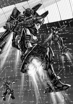 Rule 34 | commentary request, gm (mobile suit), greyscale, gun, gundam, highres, holding, holding gun, holding weapon, indoors, mecha, mecha focus, mobile suit, monochrome, no humans, o'neill cylinder, robot, thrusters, weapon, zandan zero to na!?
