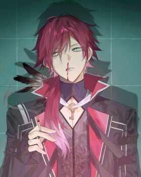 Rule 34 | 1boy, black gloves, black jacket, blood, cigarette, cleavage cutout, clothing cutout, derohrwurm12, feathers, fingerless gloves, gloves, hair between eyes, hashtag-only commentary, highres, holding, holding cigarette, jacket, key, lauren iroas, lauren iroas (1st costume), long hair, looking to the side, male focus, nijisanji, nosebleed, open clothes, open jacket, parted lips, ponytail, red hair, shadow, side ponytail, smoking, solo, straight-on, tile wall, tiles, upper body, virtual youtuber