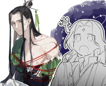 2boys :o bdsm bindi black_hair bondage bound chinese_clothes dazed facial_mark forehead_mark furrowed_brow green_ribbon hair_bun hanfu highres holding holding_unworn_clothes long_hair long_sleeves looking_at_viewer luo_binghe male_focus multiple_boys noroinoenojin open_mouth partially_colored partially_undressed pectoral_cleavage pectorals red_rope renzha_fanpai_zijiu_xitong ribbon ribboned_xiao_guan rope shen_qingqiu star_(symbol) sweatdrop torn_clothes upper_body white_background xiao_guan_(headdress) yaoi zuiyin