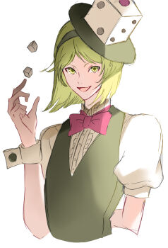 1other androgynous arm_behind_back black_hairband black_vest bow bowtie breasts buttons center_frills collared_shirt commentary_request cropped_torso dice dice_hair_ornament dress_shirt frills hair_ornament hairband happy highres len'en looking_at_viewer open_mouth other_focus puffy_short_sleeves puffy_sleeves red_bow red_bowtie shirt short_hair short_sleeves simple_background smile solo throwing traditional_bowtie v-neck vest white_background white_shirt white_wrist_cuffs wrist_cuffs xeno_a yellow_eyes yoni.