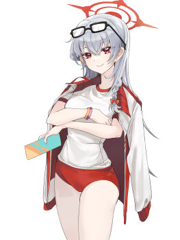 >:) 1girl absurdres black-framed_eyewear blue_archive blush bow bracelet braid buruma closed_mouth commentary cowboy_shot crossed_arms crossed_bangs danyun_03 eyes_visible_through_hair eyewear_on_head grey_hair gym_shirt gym_uniform hair_between_eyes hair_bow halo haruna_(blue_archive) highres holding jacket jacket_on_shoulders jewelry korean_commentary long_hair looking_at_viewer official_alternate_costume red_bow red_buruma red_eyes red_halo shirt short_sleeves simple_background single_braid smile solo sunglasses track_jacket tsurime v-shaped_eyebrows white_background white_shirt