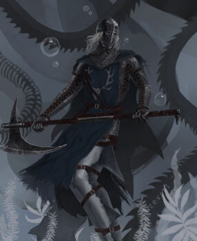 Rule 34 | 1boy, absurdres, armor, axe, belt, blue eyes, blue tabard, brown belt, chainmail, commentary, creighton of mirrah, dark souls (series), dark souls ii, english commentary, grey background, grey hair, helmet, highres, holding, holding axe, male focus, mask, masked, pants, solo, tabard, white pants, zevranstits