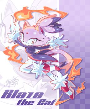 1girl animal_ears artist_name blaze_the_cat cat_ears cat_girl cat_tail character_name constellor fire fur-trimmed_gloves fur-trimmed_shoes fur_trim furry furry_female gloves highres jacket pink_shoes purple_fur purple_jacket shoes signature sonic_(series) tail white_gloves yellow_eyes