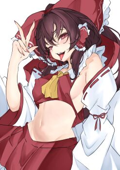1girl absurdres ascot blush bow breasts brown_hair commentary_request covered_erect_nipples detached_sleeves frilled_bow frilled_hair_tubes frills hair_bow hair_tubes hakurei_reimu highres long_hair looking_at_viewer midriff navel open_mouth red_bow red_eyes red_skirt ribbon-trimmed_sleeves ribbon_trim sideboob simple_background skirt skirt_set smile solo tongue tongue_out touhou unanooo_(fthx7532) white_background yellow_ascot
