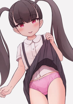 1girl black_skirt blush bow bow_panties brown_hair clothes_lift crotch_seam flat_chest kai_ooo1 loli long_hair looking_at_viewer open_mouth original panties pink_bow pink_panties red_eyes school_uniform shirt short_sleeves skirt skirt_lift smile standing suspender_skirt suspenders twintails underwear white_background white_shirt