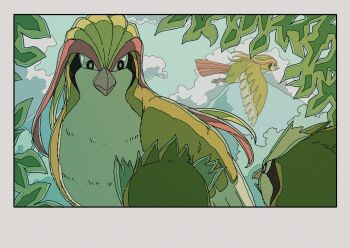 animal_focus beak bird closed_mouth cloud evolutionary_line flying gen_1_pokemon highres leaf nintendo no_humans onamuzi_illust open_mouth outdoors pidgeot pidgey pokemon pokemon_(creature) pokemon_focus sky wings