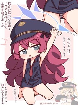 2girls :o arm_up armpits bare_arms bare_legs bare_shoulders barefoot black_shirt black_skirt blue_archive blue_halo collared_shirt commentary_request full_body grey_eyes halo hana_kazari highres ibuki_(blue_archive) iroha_(blue_archive) long_hair miniskirt multiple_girls multiple_views necktie open_mouth panties pantyshot red_hair red_necktie shirt sitting skirt sleeveless sleeveless_shirt translation_request underwear white_panties