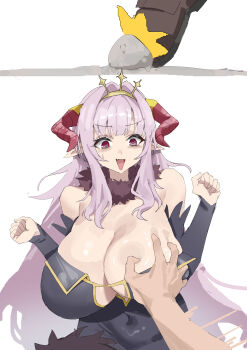 1boy 1girl :d absurdres bare_shoulders black_bridal_gauntlets black_dress breasts bridal_gauntlets bright_pupils cleavage cleavage_cutout clenched_hands clothing_cutout demon_girl demon_horns dress fur_collar gold_tiara gold_trim grabbing_another's_breast groping hair_intakes hands_up highres horns huge_breasts kanan-sama_wa_akumade_choroi kyougi_youji lillum long_hair looking_down messy_hair mutsuru_(omotta_yori) nervous_smile open_mouth plump pointy_ears purple_hair red_horns short_hair sidelocks simple_background skindentation smile surprised sweatdrop tight_clothes tight_dress v-shaped_eyebrows