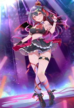 1girl absurdres black_hair black_shirt black_shoes black_skirt blush breasts commentary_request concert hair_between_eyes hair_ornament hair_ribbon highres holding holding_microphone ikichi_crea indoors looking_at_viewer medium_breasts microphone multicolored_hair navel origami_aya purple_hair purple_socks red_eyes ribbon shirt shoes skirt smile socks standing thighs two-tone_hair two_side_up virtual_youtuber vivid_v