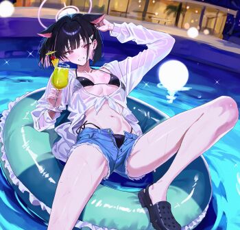 1girl absurdres animal_ears bikini black_bikini black_hair blue_archive crocs cup cutoffs frilled_innertube frills hair_ornament hairclip highres holding holding_cup innertube kazusa_(blue_archive) looking_at_viewer lying night on_back open_clothes open_shirt pool see-through_clothes short_hair signallerc sky solo swim_ring swimsuit