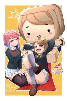 2girls absurdres anger_vein arms_behind_head artist_self-insert black_thighhighs blue_hair brown_footwear brown_hair cape closed_mouth collared_shirt convenient_censoring crown danboo dated ear_piercing feeding food fork gradient_hair grey_socks highres holding holding_fork loafers long_sleeves looking_at_another love_live! love_live!_nijigasaki_high_school_idol_club lying mini_crown multicolored_hair multiple_girls nakasu_kasumi neck_ribbon nijigasaki_school_uniform open_mouth parfait piercing pink_hair plaid_clothes plaid_skirt pleated_skirt red_cape red_ribbon ribbon school_uniform seiza shirt shoes short_hair signature sitting ska.harumi skirt socks swept_bangs teeth thighhighs upper_teeth_only white_shirt white_skirt winter_uniform yellow_ribbon