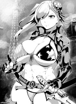 >:) 1girl abs absurdres alternate_breast_size_(larger) american_flag american_flag_bikini american_flag_print asymmetrical_hair bikini breasts bun_cover choker closed_mouth cowboy_shot day fate/grand_order fate_(series) fingerless_gloves flag_print flag_print_bikini floating_hair front-tie_bikini_top front-tie_top gloves greyscale gunblade hair_bun highres holding holding_weapon huge_breasts long_hair long_sleeves looking_at_viewer miyamoto_musashi_(fate) miyamoto_musashi_(fate/grand_order) miyamoto_musashi_(swimsuit_berserker)_(fate) miyamoto_musashi_(swimsuit_berserker)_(second_ascension)_(fate) monochrome navel orphen_(pink_seito) outdoors paid_reward_available pointing pointing_at_viewer print_bikini side_bun side_ponytail single_side_bun skindentation smile solo stomach swimsuit toned v-shaped_eyebrows weapon
