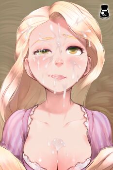 1girl blonde_hair blush breasts bukkake cleavage closed_mouth collarbone cum cum_in_eye cum_on_body cum_on_breasts cum_on_hair cum_on_upper_body disney dress eyebrows eyelashes facial facing_viewer female_focus green_eyes lips long_hair looking_at_viewer medium_breasts mr.takealook nose rapunzel_(disney) rapunzel_(fairy_tale) solo striped_clothes striped_dress tangled uneven_eyes upper_body vertical-striped_clothes vertical-striped_dress very_long_hair