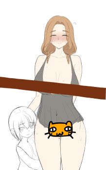 1boy 1girl age_difference bar_censor blush breasts censored eochaid_(mabinogi) height_difference highres iolar_(mabinogi) large_breasts mabinogi mature_female onee-shota see-through_clothes sketch sleeveless