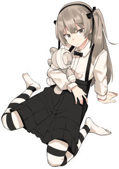 1girl absurdres boko_(girls_und_panzer) commentary_request girls_und_panzer highres long_hair pantyhose sattinittas shimada_arisu sitting skirt solo striped_clothes striped_pantyhose stuffed_animal stuffed_toy suspender_skirt suspenders teddy_bear two_side_up wariza white_background