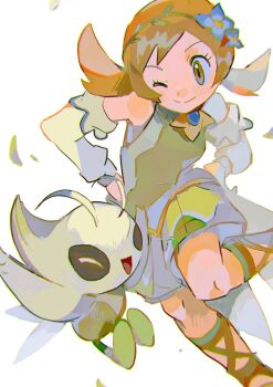 Rule 34 | 1girl, blue gem, brown hair, celebi, commentary request, detached sleeves, dress, flower hairband, gem, gen 2 pokemon, green dress, hands on own hips, highres, hinann bot, leaf, legendary pokemon, lyra (pokemon), lyra (sygna suit) (pokemon), mythical pokemon, nintendo, one eye closed, pokemon, pokemon masters ex, short twintails, twintails, white background