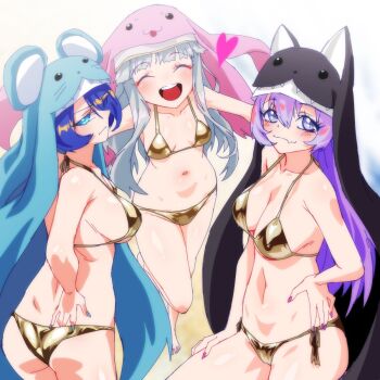 Rule 34 | 3girls, ass, bikini, blue hair, breasts, closed eyes, cowboy shot, digimon, digimon (creature), gerusyu, gold bikini, golden week, grey hair, group picture, heart, highres, medium breasts, multiple girls, nail polish, navel, nun, purple hair, side-tie bikini bottom, sistermon blanc, sistermon ciel, sistermon noir, small breasts, swimsuit