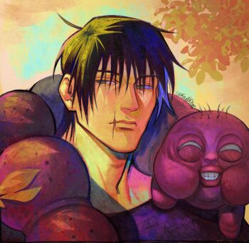 Rule 34 | 1boy, ahoge, artist name, black hair, blank eyes, creature, creature on shoulder, fushiguro touji, highres, inventory curse (jujutsu kaisen), jujutsu kaisen, knullkhan, messy hair, on shoulder, portrait, scar on lip, short hair, solo