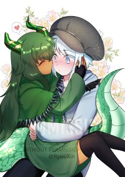 1boy 1girl absurdres black_gloves black_thighhighs blue_eyes blush capelet closed_eyes closed_mouth commentary commission dark-skinned_female dark_skin dragon_girl dragon_horns dragon_tail dress embarrassed english_commentary fingerless_gloves flower gloves green_capelet green_dress green_hair grey_hat grey_hoodie hat heart hetero highres hood hood_down hoodie horns hug imminent_kiss long_hair long_sleeves looking_at_another original pink_flower ryuuxin short_hair speech_bubble spoken_heart swept_bangs tail thighhighs vgen_commission watermark white_hair