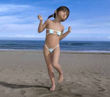 1girl 3d barefoot beach bikini black_hair blue_bikini cloud female_focus flat_chest full_body head_tilt loli long_hair looking_up low_twintails ocean original outdoors plaid_bikini plaid_clothes sand self-upload sky solo standing strapless strapless_bikini swimsuit turugini twintails water