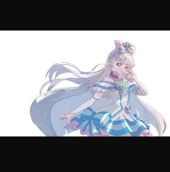 Rule 34 | 1girl, animal ear hairband, animal ears, aqua bow, arm warmers, bare shoulders, blue bow, blue choker, blue crown, blue eyes, blue hairband, blunt bangs, blunt ends, bow, bow hairband, bright pupils, brooch, cat ear hairband, cat ears, choker, closed mouth, collarbone, colored petticoat, commentary, crown, crown earrings, cure nyammy, dress, dress bow, earrings, fake animal ears, finger to own chin, floating hair, frilled arm warmers, frilled dress, frills, hairband, hand up, heart, heart brooch, highres, index finger raised, jewelry, letterboxed, long hair, looking at viewer, magical girl, medium dress, mini crown, multicolored bow, nekoyashiki yuki, off-shoulder dress, off shoulder, pact holder, petticoat, pouch, precure, shiny cats pact, simple background, smile, solo, straight hair, striped bow, thighhighs, tilted headwear, very long hair, white arm warmers, white background, white bow, white dress, white hair, wonderful precure!, wonderful tanaka, yellow pupils, zettai ryouiki